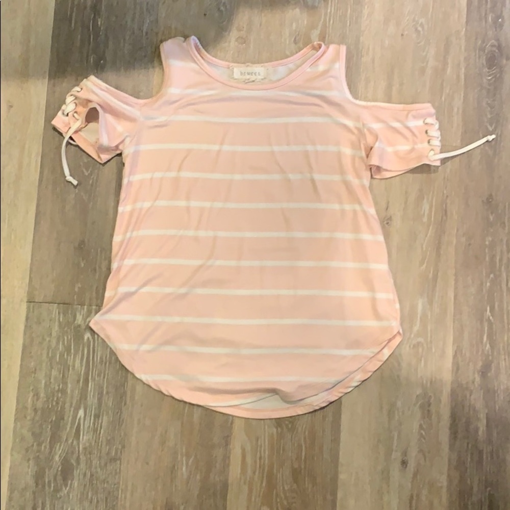 Pink and white off the shoulder shirt